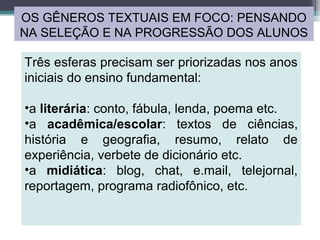 OS GÊNEROS TEXTUAIS EM FOCO: PENSANDO
NA SELEÇÃO E NA PROGRESSÃO DOS ALUNOS
Três esferas precisam ser priorizadas nos anos
iniciais do ensino fundamental:
•a literária: conto, fábula, lenda, poema etc.
•a acadêmica/escolar: textos de ciências,
história e geografia, resumo, relato de
experiência, verbete de dicionário etc.
•a midiática: blog, chat, e.mail, telejornal,
reportagem, programa radiofônico, etc.
 