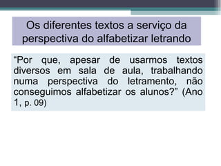 Os diferentes textos a serviço da
perspectiva do alfabetizar letrando
“Por que, apesar de usarmos textos
diversos em sala de aula, trabalhando
numa perspectiva do letramento, não
conseguimos alfabetizar os alunos?” (Ano
1, p. 09)
 