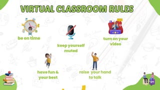 be on time
be on time
have fun &
your best
have fun &
your best
keep yourself
muted
keep yourself
muted
turn on your
video
turn on your
video
raise your hand
to talk
raise your hand
to talk
VIRTUAL CLASSROOM RULES
VIRTUAL CLASSROOM RULES
 