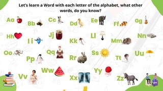 Aa
Aa
Bb
Bb
Cc
Cc
Dd
Dd
Ee
Ee
Ff
Ff
Gg
Gg
Hh
Hh
I i
I i
Ll
Ll
Jj
Jj
Kk
Kk Mm
Mm
Nn
Nn
Oo
Oo
Pp
Pp
Qq
Qq
Rr
Rr
Ss
Ss
Tt
Tt
Uu
Uu
Vv
Vv
Ww
Ww
Xx
Xx
Yy
Yy
Zz
Zz
Let’s learn a Word with each letter of the alphabet, what other
words, do you know?
 
