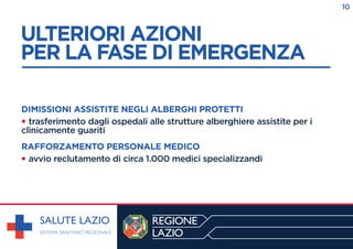 ULTERIORI AZIONI
PER LA FASE DI EMERGENZA
------------------------------------------------------------
DIMISSIONI ASSISTITE NEGLI ALBERGHI PROTETTI
• trasferimento dagli ospedali alle strutture alberghiere assistite per i
clinicamente guariti
RAFFORZAMENTO PERSONALE MEDICO
• avvio reclutamento di circa 1.000 medici specializzandi
10
 