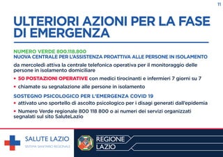 ULTERIORI AZIONI PER LA FASE
DI EMERGENZA
------------------------------------------------------------
NUMERO VERDE 800.118.800
NUOVA CENTRALE PER L’ASSISTENZA PROATTIVA ALLE PERSONE IN ISOLAMENTO
da mercoledì attiva la centrale telefonica operativa per il monitoraggio delle
persone in isolamento domiciliare
• 50 POSTAZIONI OPERATIVE con medici tirocinanti e infermieri 7 giorni su 7
• chiamate su segnalazione alle persone in isolamento
SOSTEGNO PSICOLOGICO PER L'EMERGENZA COVID 19
• attivato uno sportello di ascolto psicologico per i disagi generati dall’epidemia
• Numero Verde regionale 800 118 800 o ai numeri dei servizi organizzati
segnalati sul sito SaluteLazio
11
 