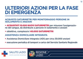 ULTERIORI AZIONI PER LA FASE
DI EMERGENZA
------------------------------------------------------------
ACQUISTO SATURIMETRI PER MONITORAGGIO PERSONE IN
ISOLAMENTO E ANZIANI
• ACQUISTATI 10.000 NUOVI SATURIMETRI per misurare l'ossigenazio-
ne del sangue, da distribuire a persone in isolamento e anziani
• obiettivo, complessivi 40.000 SATURIMETRI
ASSISTENZA DOMICILIARE INTEGRATA
• Assistenza Domiciliare Integrata (ADI) per circa 30.000 anziani
• esecuzione periodica di tamponi a carico del Servizio Sanitario Regionale
12
 