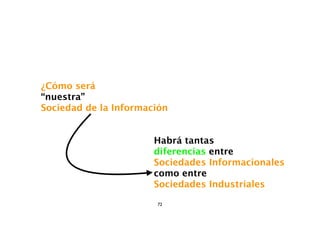 ¿Cómo será
“nuestra”
Sociedad de la Información


                       Habrá tantas
                       diferencias entre
                       Sociedades Informacionales
                       como entre
                       Sociedades Industriales

                       72
 