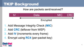 TKIP Background
32
How are packets sent/received?
1. Add Message Integrity Check (MIC)
2. Add CRC (leftover from WEP)
3. Add IV (increments every frame)
4. Encrypt using RC4 (per-packet key)
Encrypted
MICDataIV CRC
 