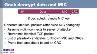 Goal: decrypt data and MIC
35
If decrypted, reveals MIC key
MICDataIV CRC
Generate identical packets (otherwise MIC changes):
 Assume victim connects to server of attacker
 Retransmit identical TCP packet
 List of plaintext candidates (unknown MIC and CRC)
 Prune bad candidates based on CRC
 