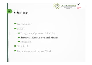 Outline
´ Introduction
´ MEVI
´ Design and Operation Principles
´ Simulation Environment and Metrics
´ Evaluation
´ XLinGO
´ Conclusion and Future Work
19
 