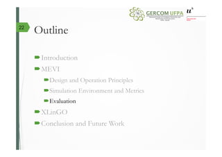 Outline
´ Introduction
´ MEVI
´ Design and Operation Principles
´ Simulation Environment and Metrics
´ Evaluation
´ XLinGO
´ Conclusion and Future Work
22
 