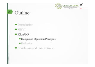 Outline
´ Introduction
´ MEVI
´ XLinGO
´ Design and Operation Principles
´ Evaluation
´ Conclusion and Future Work
29
 