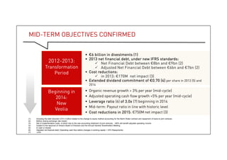Mid-term objectives confirmed
2012-2013:
Transformation
Period
• €6 billion in divestments (1)
• 2013 net financial debt, under new IFRS standards:
 Net Financial Debt between €8bn and €9bn (2)
 Adjusted Net Financial Debt between €6bn and €7bn (2)
• Cost reductions:
 in 2013: €170M net impact (3)
• Extended dividend commitment of €0.70 (4) per share in 2013 (5) and 2014
Beginning in
2014:
New
Veolia
• Organic revenue growth > 3% per year (mid-cycle)
• Adjusted operating cash flow growth >5% per year (mid-cycle)
• Leverage ratio (6) of 3.0x (7) beginning in 2014
• Mid-term: Payout ratio in line with historic level
• Cost reductions in 2015: €750M net impact (3)
22
(1) Including the debt reduction of €1.4 billion related to the change to equity method accounting for the Berlin Water contract and repayment of loans to joint ventures
(2) Before closing exchange rate impact
(3) Net of implementation costs, of which due to the new accounting treatment of joint ventures, ~80% will benefit adjusted operating income
(4) Subject to the approval of Veolia’s Board of Directors and the Annual General Shareholders Meeting
(5) In cash or shares
(6) Adjusted net financial debt/ (Operating cash flow before changes in working capital + OFA Repayments)
(7) ±5%
 