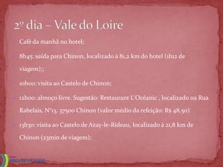  Café da manhã no hotel;

 8h45: saída para Chinon, localizado à 81,2 km do hotel (1h12 de

  viagem);;

 10h00: visita ao Castelo de Chinon;

 12h00: almoço livre. Sugestão: Restaurant L'Océanic , localizado na Rua

  Rabelais, N°13, 37500 Chinon (valor médio da refeição: R$ 48,50)

 13h30: visita ao Castelo de Azay-le-Rideau, localizado à 21,8 km de

  Chinon (23min de viagem);
 