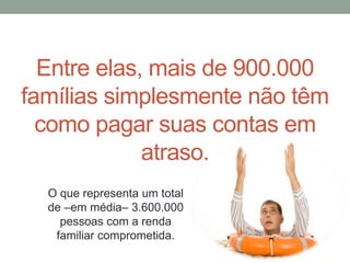 Entre elas, mais de 900.000
famílias simplesmente não têm
como pagar suas contas em
atraso.
O que representa um total
de –em média– 3.600.000
pessoas com a renda
familiar comprometida.
 