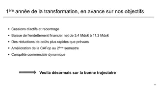 1ère année de la transformation, en avance sur nos objectifs
 Cessions d’actifs et recentrage
 Baisse de l’endettement financier net de 3,4 Mds€ à 11,3 Mds€
 Des réductions de coûts plus rapides que prévues
 Amélioration de la CAFop au 2ème semestre
 Conquête commerciale dynamique
Veolia désormais sur la bonne trajectoire
4
 