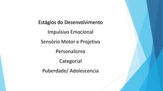 Estágios do Desenvolvimento
Impulsivo Emocional
Sensório Motor e Projetivo
Personalismo
Categorial
Puberdade/ Adolescencia
 