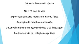 Sensório Motor e Projetiva
Até o 3º ano de vida
Exploração sensório motora do mundo físico
Aquisição da marcha e apreensão
Desenvolvimento da função simbólica e da linguagem
Predominância das relações cognitivas
 