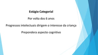 Estágio Categorial
Por volta dos 6 anos
Progressos intelectuais dirigem o interesse da criança
Prepondera aspecto cognitivo
 