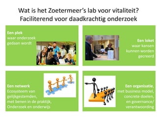 Wat is het Zoetermeer’s lab voor vitaliteit?
Faciliterend voor daadkrachtig onderzoek
Een plek
waar onderzoek
gedaan wordt
Een loket
waar kansen
kunnen worden
gecreerd
Een netwerk
Ecosysteem van
gelijkgestemden,
met benen in de praktijk,
Onderzoek en onderwijs
Een organisatie,
met business model,
concrete doelen,
en governance/
verantwoording
 