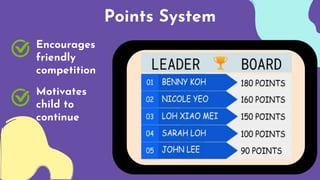 Encourages
friendly
competition
Motivates
child to
continue
Points System
 