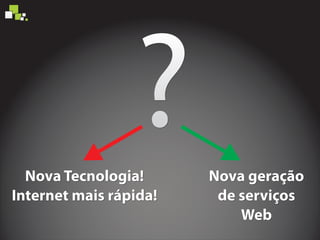 ?Nova geração
de serviços
Web
Nova geração
de serviços
Web
Nova geração
de serviços
Web
Nova Tecnologia!
Internet mais rápida!
Nova Tecnologia!
Internet mais rápida!
Nova Tecnologia!
Internet mais rápida!
 