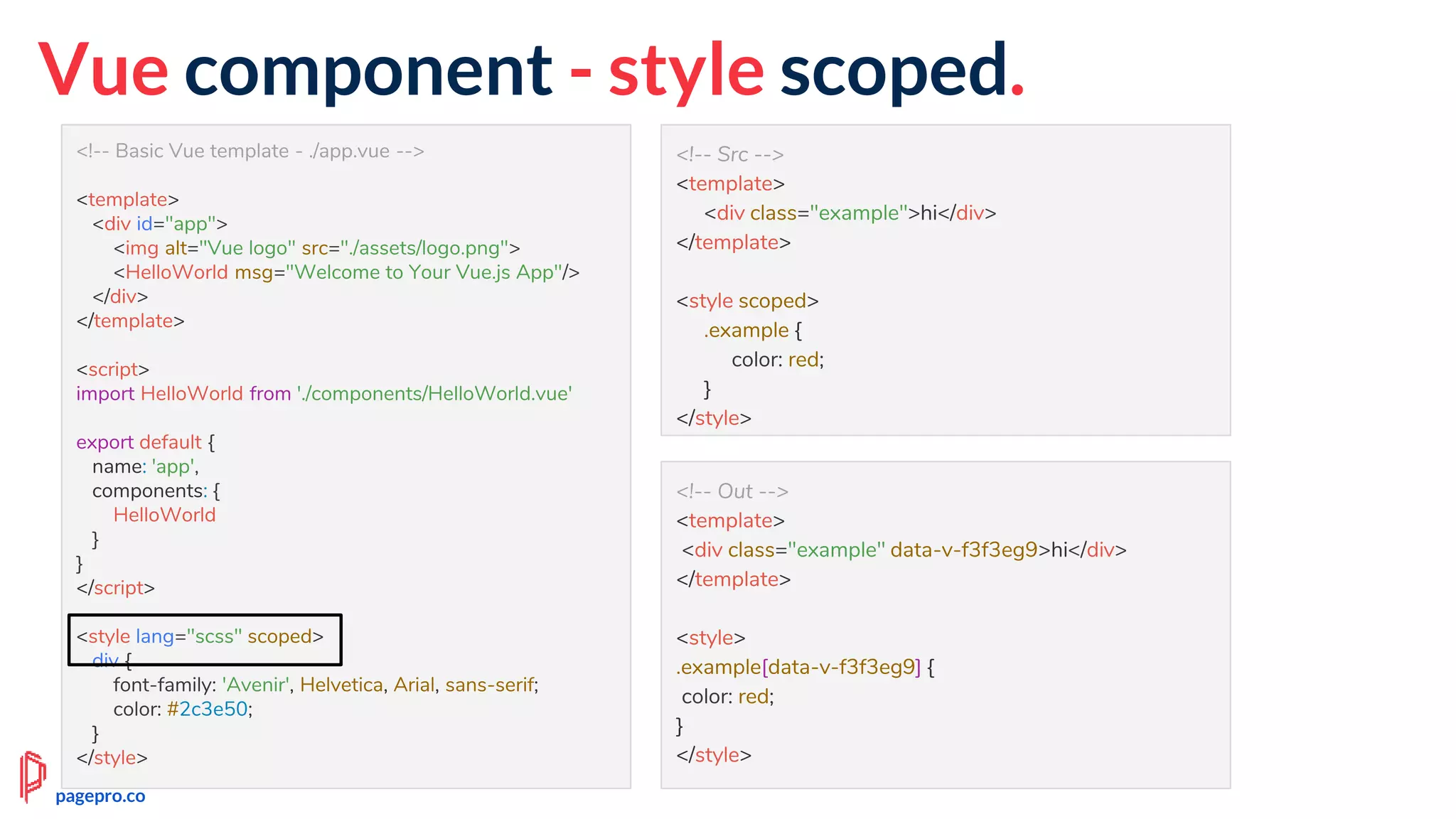 <!-- Basic Vue template - ./app.vue -->
<template>
<div id="app">
<img alt="Vue logo" src="./assets/logo.png">
<HelloWorld msg="Welcome to Your Vue.js App"/>
</div>
</template>
<script>
import HelloWorld from './components/HelloWorld.vue'
export default {
name: 'app',
components: {
HelloWorld
}
}
</script>
<style lang="scss" scoped>
div {
font-family: 'Avenir', Helvetica, Arial, sans-serif;
color: #2c3e50;
}
</style>
Vue component - style scoped.
<!-- Src -->
<template>
<div class="example">hi</div>
</template>
<style scoped>
.example {
color: red;
}
</style>
<!-- Out -->
<template>
<div class="example" data-v-f3f3eg9>hi</div>
</template>
<style>
.example[data-v-f3f3eg9] {
color: red;
}
</style>
pagepro.co
 