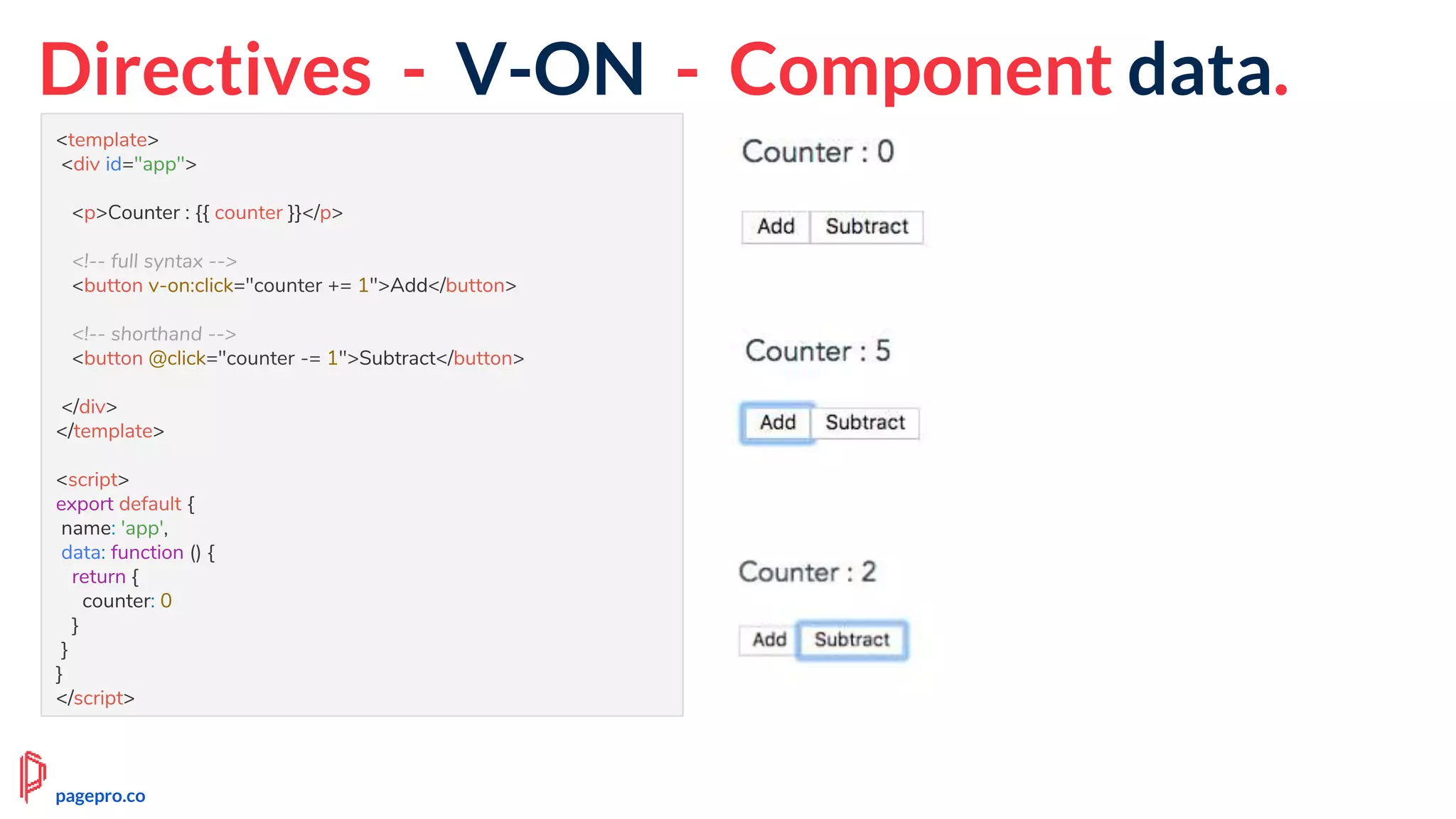 Directives - V-ON - Component data.
<template>
<div id="app">
<p>Counter : {{ counter }}</p>
<!-- full syntax -->
<button v-on:click="counter += 1">Add</button>
<!-- shorthand -->
<button @click="counter -= 1">Subtract</button>
</div>
</template>
<script>
export default {
name: 'app',
data: function () {
return {
counter: 0
}
}
}
</script>
pagepro.co
 