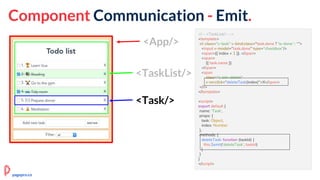 Component Communication - Emit.
<!-- <TaskList/> -->
<template>
<li class="c-task" v-bind:class="task.done ? 'is-done' : ''">
<input v-model="task.done" type="checkbox"/>
<span>{{ index + 1 }}. </span>
<span>
{{ task.name }}
</span>
<span
class="c-btn-delete"
v-on:click="deleteTask(index)">X</span>
</li>
</template>
<script>
export default {
name: 'Task',
props: {
task: Object,
index: Number
},
methods: {
deleteTask: function (taskId) {
this.$emit('deleteTask', taskId)
}
}
}
</script>
<App/>
<TaskList/>
<Task/>
pagepro.co
 