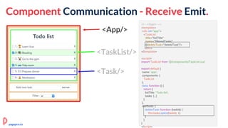 Component Communication - Receive Emit.
<!-- <App/> -->
<template>
<div id="app">
<TaskList
:title="listTitle"
:tasks="filteredTasks"
@deleteTask="deleteTask"/>
</div>
</template>
<script>
import TaskList from '@/components/TaskList.vue'
export default {
name: 'app',
components: {
TaskList
},
data: function () {
return {
listTitle: 'Todo list',
tasks: [...]
}
},
methods: {
deleteTask: function (taskId) {
this.tasks.splice(taskId, 1)
}
}
}
</script>
<App/>
<TaskList/>
<Task/>
pagepro.co
 
