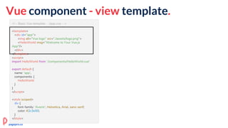 <!-- Basic Vue template - ./app.vue -->
<template>
<div id="app">
<img alt="Vue logo" src="./assets/logo.png">
<HelloWorld msg="Welcome to Your Vue.js App"/>
</div>
</template>
<script>
import HelloWorld from './components/HelloWorld.vue'
export default {
name: 'app',
components: {
HelloWorld
}
}
</script>
<style scoped>
div {
font-family: 'Avenir', Helvetica, Arial, sans-serif;
color: #2c3e50;
}
</style>
Vue component - view template.
<template>
<div id="app">
<img alt="Vue logo" src="./assets/logo.png">
<HelloWorld msg="Welcome to Your Vue.js
App"/>
</div>
</template>
pagepro.co
 