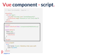 <!-- Basic Vue template - ./app.vue -->
<template>
<div id="app">
<img alt="Vue logo" src="./assets/logo.png">
<HelloWorld msg="Welcome to Your Vue.js App"/>
</div>
</template>
<script>
import HelloWorld from './components/HelloWorld.vue'
export default {
name: 'app',
components: {
HelloWorld
}
}
</script>
<style scoped>
div {
font-family: 'Avenir', Helvetica, Arial, sans-serif;
color: #2c3e50;
}
</style>
Vue component - script.
<script>
import HelloWorld from './components/HelloWorld.vue'
export default {
name: 'app',
components: {
HelloWorld
}
}
</script>
pagepro.co
 