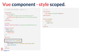 <!-- Basic Vue template - ./app.vue -->
<template>
<div id="app">
<img alt="Vue logo" src="./assets/logo.png">
<HelloWorld msg="Welcome to Your Vue.js App"/>
</div>
</template>
<script>
import HelloWorld from './components/HelloWorld.vue'
export default {
name: 'app',
components: {
HelloWorld
}
}
</script>
<style lang="scss" scoped>
div {
font-family: 'Avenir', Helvetica, Arial, sans-serif;
color: #2c3e50;
}
</style>
Vue component - style scoped.
<!-- Src -->
<template>
<div class="example">hi</div>
</template>
<style scoped>
.example {
color: red;
}
</style>
pagepro.co
 