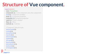 Structure of Vue component.
export default {
name: 'RangeSlider',
components: {}, // when component uses other components
data() {}, // component variables
props: {}, // component properties
computed: {}, // component properties
watch: {}, // watch variables
filters: {}, // filters
methods: {}, // methods
// Component Lifecycle hooks
beforeCreate() {},
created() {},
beforeMount() {},
mounted() {},
beforeUpdate() {},
updated() {},
activated() {},
deactivated() {},
beforeDestroy() {},
destroyed() {},
errorCaptured() {}
};
pagepro.co
 