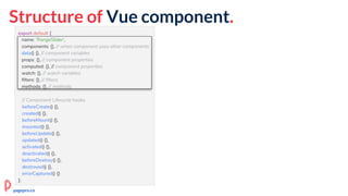 Structure of Vue component.
export default {
name: 'RangeSlider',
components: {}, // when component uses other components
data() {}, // component variables
props: {}, // component properties
computed: {}, // component properties
watch: {}, // watch variables
filters: {}, // filters
methods: {}, // methods
// Component Lifecycle hooks
beforeCreate() {},
created() {},
beforeMount() {},
mounted() {},
beforeUpdate() {},
updated() {},
activated() {},
deactivated() {},
beforeDestroy() {},
destroyed() {},
errorCaptured() {}
};
name: 'RangeSlider',
components: {}, // when component uses other components
data() {}, // component variables
props: {}, // component properties
computed: {}, // component properties
watch: {}, // watch variables
filters: {}, // filters
methods: {}, // methods
pagepro.co
 