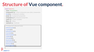Structure of Vue component.
export default {
name: 'RangeSlider',
components: {}, // when component uses other components
data() {}, // component variables
props: {}, // component properties
computed: {}, // component properties
watch: {}, // watch variables
filters: {}, // filters
methods: {}, // methods
// Component Lifecycle hooks
beforeCreate() {},
created() {},
beforeMount() {},
mounted() {},
beforeUpdate() {},
updated() {},
activated() {},
deactivated() {},
beforeDestroy() {},
destroyed() {},
errorCaptured() {}
};
// Component Lifecycle hooks
beforeCreate() {},
created() {},
beforeMount() {},
mounted() {},
beforeUpdate() {},
updated() {},
activated() {},
deactivated() {},
beforeDestroy() {},
destroyed() {},
errorCaptured() {}
pagepro.co
 