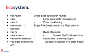 Ecosystem.
● vue-router - Single-page application routing
● vuex - Large-scale state management
● vue-cli - Project scaffolding
● vue-loader - Single File Component (*.vue file) loader for
webpack
● vue-rx - RxJS integration
● vue-devtools - Browser DevTools extension
● vue-server-renderer - Server-side rendering support
● vue-class-component - TypeScript decorator for a class-based
API
pagepro.co
 