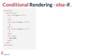 Conditional Rendering - else-if.
<template>
<div id="app">
<div v-if="type === 'A'">
A
</div>
<div v-else-if="type === 'B'">
B
</div>
<div v-else-if="type === 'C'">
C
</div>
<div v-else>
Not A/B/C
</div>
</div>
</template>
pagepro.co
 