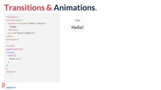 <template>
<div id="app">
<button v-on:click="show = !show">
Toggle
</button>
<p v-if="show">hello</p>
</div>
</template>
<script>
export default {
data() {
return {
show: true
}
}
}
</script>
Transitions & Animations.
pagepro.co
 