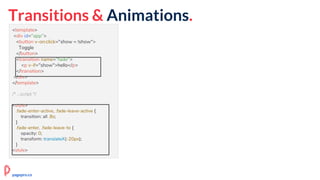 <template>
<div id="app">
<button v-on:click="show = !show">
Toggle
</button>
<transition name="fade">
<p v-if="show">hello</p>
</transition>
</div>
</template>
/* ...script */
<style>
.fade-enter-active, .fade-leave-active {
transition: all .8s;
}
.fade-enter, .fade-leave-to {
opacity: 0;
transform: translateX(-20px);
}
<style>
Transitions & Animations.
pagepro.co
 