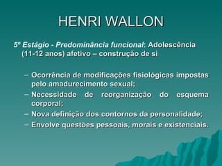 HENRI   WALLON 5º Estágio - Predominância funcional :  Adolescência (11-12 anos) afetivo – construção de si Ocorrência de modificações fisiológicas impostas pelo amadurecimento sexual; Necessidade de reorganização do esquema corporal; Nova definição dos contornos da personalidade; Envolve questões pessoais, morais e existenciais.  