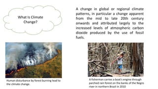 A change in global or regional climate
patterns, in particular a change apparent
from the mid to late 20th century
onwards and attributed largely to the
increased levels of atmospheric carbon
dioxide produced by the use of fossil
fuels.
What Is Climate
Change?
A fisherman carries a boat's engine through
parched rain forest on the banks of the Negro
river in northern Brazil in 2010
Human disturbance by forest burning lead to
the climate change.
 