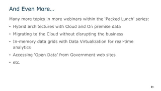 And Even More…
Many more topics in more webinars within the ‘Packed Lunch’ series:
• Hybrid architectures with Cloud and On premise data
• Migrating to the Cloud without disrupting the business
• In-memory data grids with Data Virtualization for real-time
analytics
• Accessing ‘Open Data’ from Government web sites
• etc.
21
 
