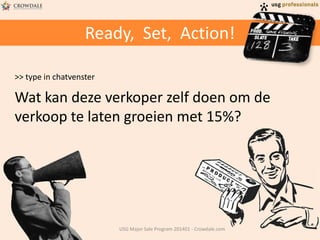 Ready, Set, Action!
>> type in chatvenster

Wat kan deze verkoper zelf doen om de
verkoop te laten groeien met 15%?

USG Major Sale Program 201401 - Crowdale.com

 