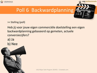 Poll 6 Backwardplanning
>> Stelling (poll)

Heb jij voor jouw eigen commerciële doelstelling een eigen
backwardplanning gebaseerd op gemeten, actuele
conversiecijfers?

a) Ja
b) Nee

USG Major Sale Program 201401 - Crowdale.com

 