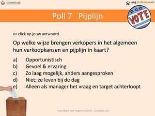 Poll 7 Pijplijn
>> click op jouw antwoord

Op welke wijze brengen verkopers in het algemeen
hun verkoopkansen en pijplijn in kaart?
a)
b)
c)
d)
e)

Opportunistisch
Gevoel & ervaring
Zo laag mogelijk, anders aangesproken
Niet; ze leven bij de dag
Alleen als manager het vraag en target achterloopt

USG Major Sale Program 201401 - Crowdale.com

 
