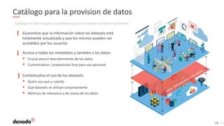 25
Catálogo para la provision de datos
Guarantiza que la información sobre los datasets está
totalmente actualizada y que los mismos pueden ser
accedidos por los usuariso
Acceso a todos los metadatos y también a los datos:
 Crucial para el descubrimiento de los datos
 Customization / preparación final para uso personal
Contextualiza el uso de los datasets:
 Quién usa qué y cuándo
 Qué datasets se utilizan conjuntamente
 Métricas de relevancia y de viveza de los datos
Catalogo de Datos ligado a la infraestructura de provision de Datos de Denodo
 