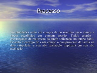 Processo As atividades serão em equipes de no máximo cinco alunos a serem escolhidos em comum acordo. Todos estarão  encarregados da realização da tarefa solicitada em tempo hábil. Ficando à encargo de cada equipe o cumprimento da tarefa na data estipulada, a sua não realização implicará em sua não avaliação. 