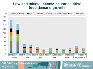 Low and middle-income countries drive
food demand growth
0
20
40
60
80
100
120
140
160
180
2011-20 2021-30 2011-20 2021-30 2011-20 2021-30 2011-20 2021-30 2011-20 2021-30 2011-20 2021-30
Cereals Meat Fish Dairy Sugar Vegetable oil
Rest of World NENA China India Sub-Saharan Africa OECD
Mt
 