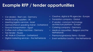 © WEConnect International
Example RFP / tender opportunities
• Car dealers - fleet cars - Germany
• Media buying suppliers...