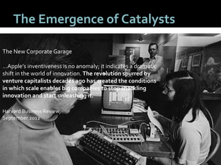 1515
The Emergence of Catalysts
The New Corporate Garage
…Apple’s inventiveness is no anomaly; it indicates a dramatic
shi...