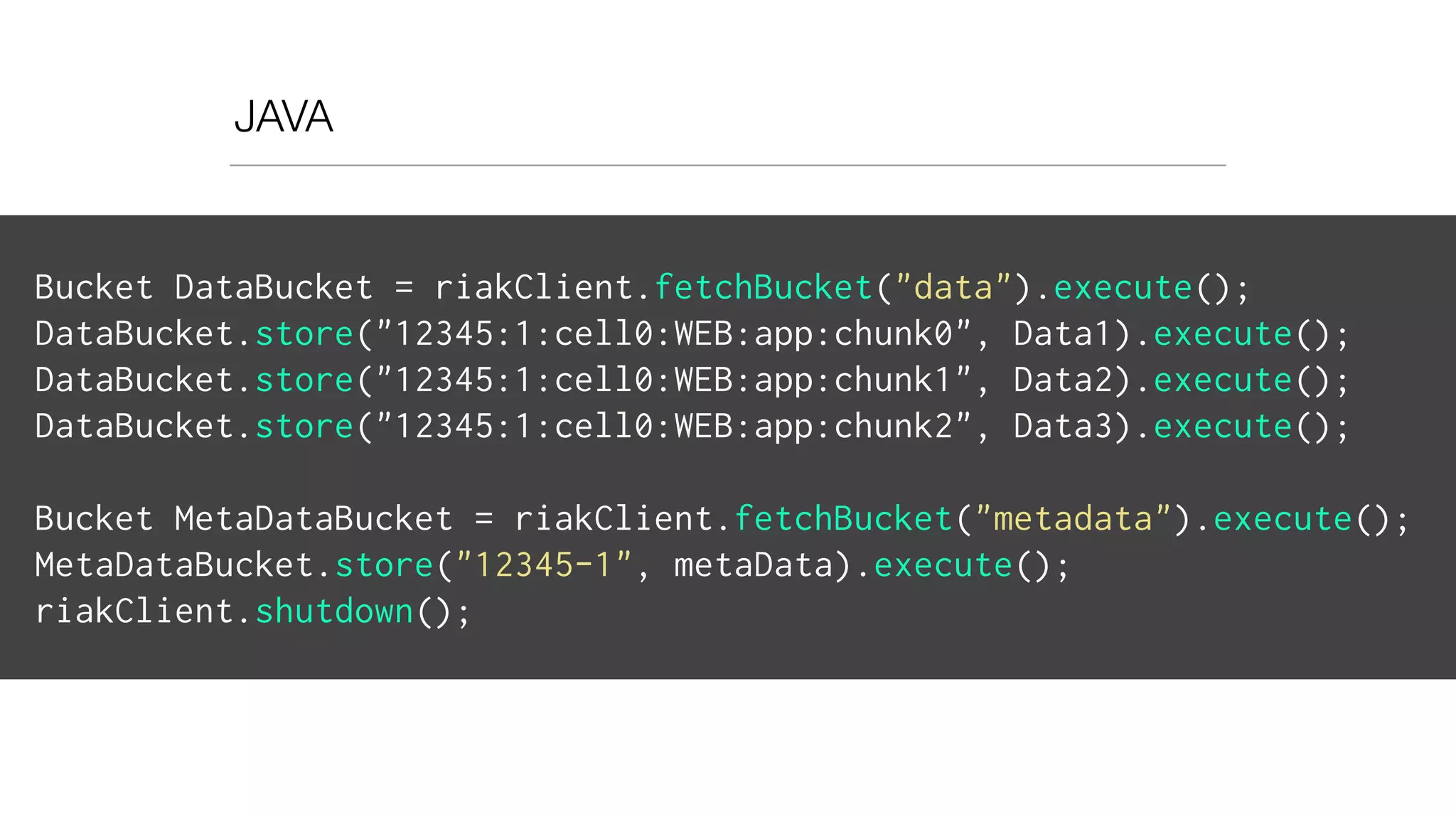JAVA
Bucket DataBucket = riakClient.fetchBucket("data").execute();
DataBucket.store("12345:1:cell0:WEB:app:chunk0", Data1).execute();
DataBucket.store("12345:1:cell0:WEB:app:chunk1", Data2).execute();
DataBucket.store("12345:1:cell0:WEB:app:chunk2", Data3).execute();
Bucket MetaDataBucket = riakClient.fetchBucket("metadata").execute();
MetaDataBucket.store("12345-1", metaData).execute();
riakClient.shutdown();
 