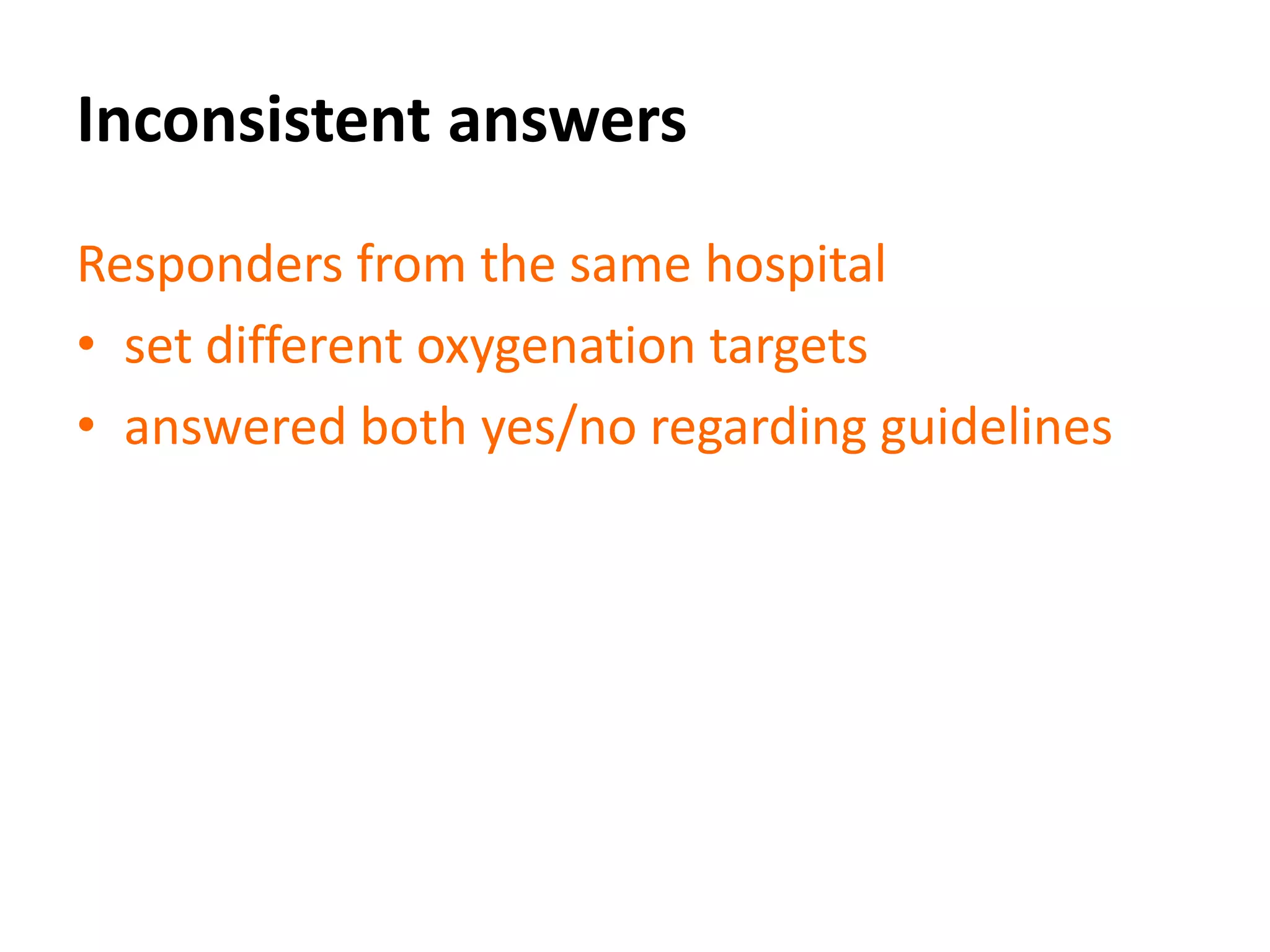 Inconsistent answers
Responders from the same hospital
• set different oxygenation targets
• answered both yes/no regarding guidelines